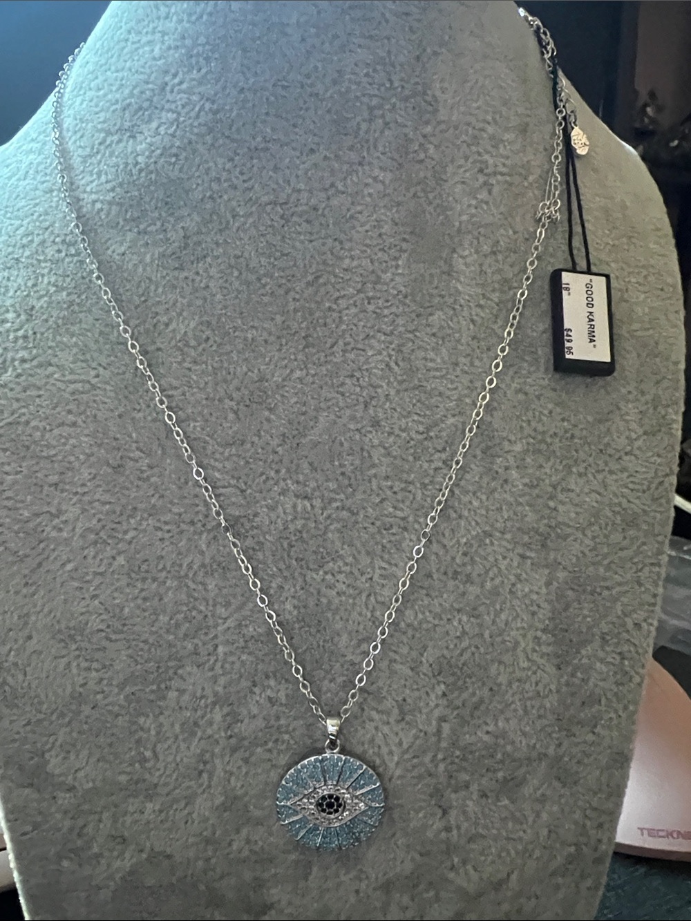 Silver-Tone Evil Eye Necklace with Blue Accents